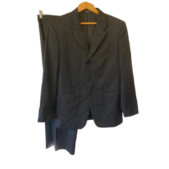 Men's Jones New York Black Striped Two Piece Suit All Wool Coat 42/Pants 36
